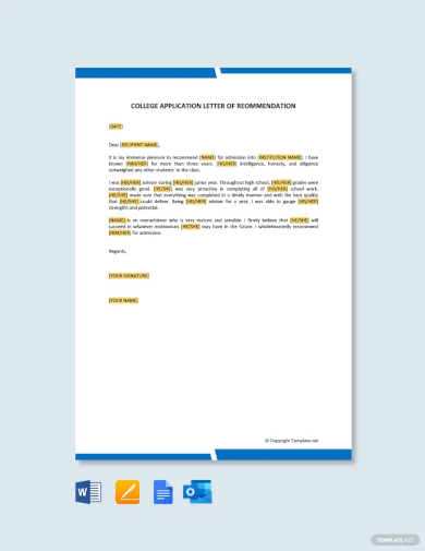 free college application letter of recommendation template1