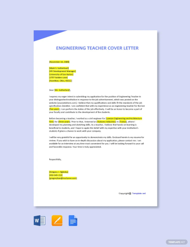 free engineering teacher cover letter template