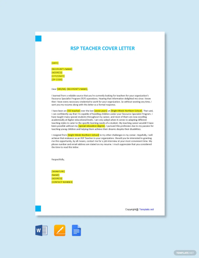 free rsp teacher cover letter template