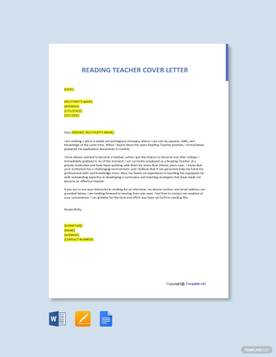 free reading teacher cover letter template