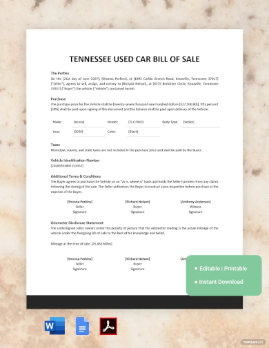 free tennessee used car bill of sale form template