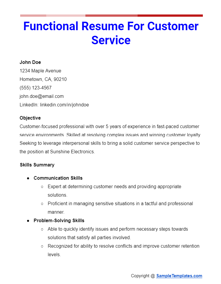 functional resume for customer service