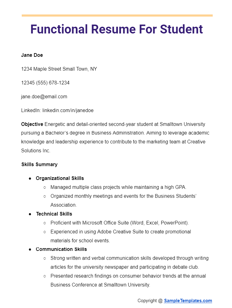 functional resume for student