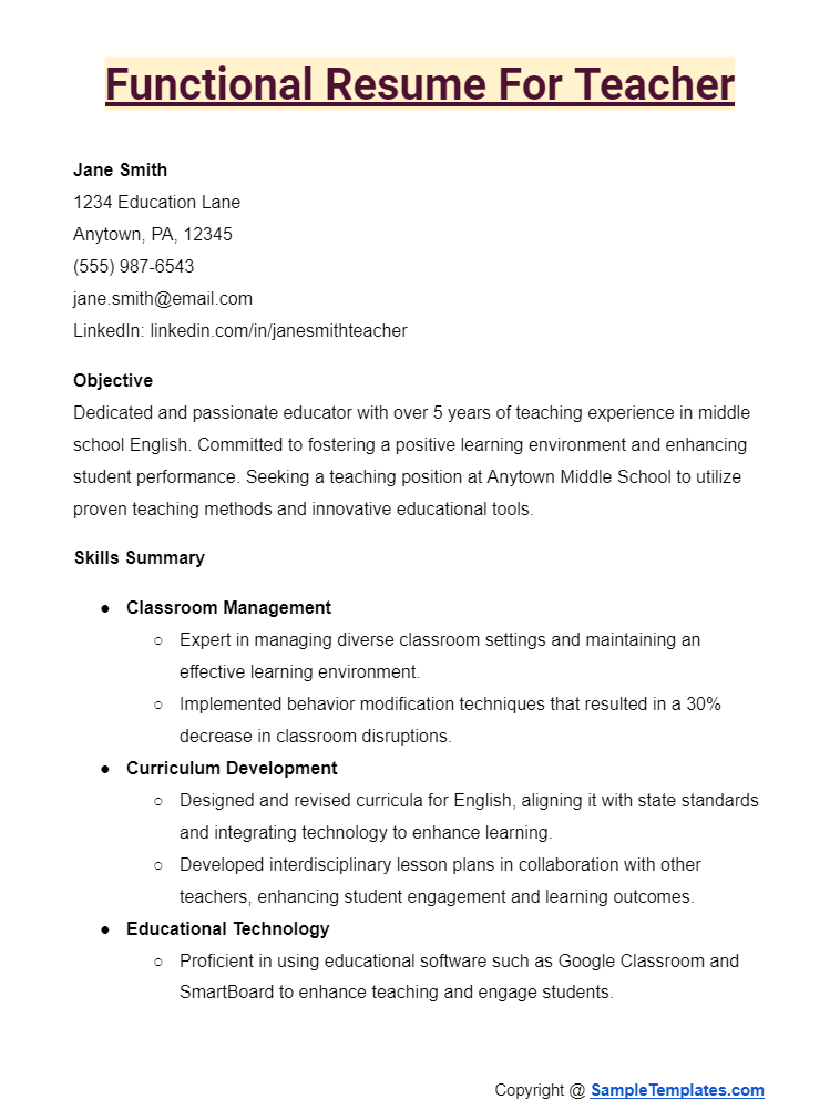 functional resume for teacher