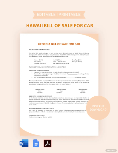 georgia bill of sale for car template