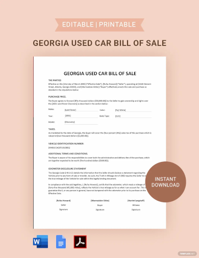 georgia used car bill of sale template