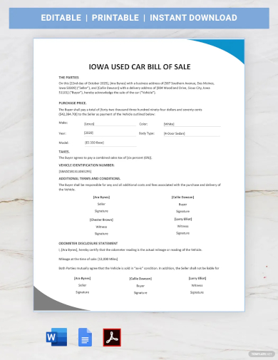iowa used car bill of sale template