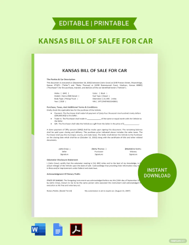 kansas bill of sale for car template