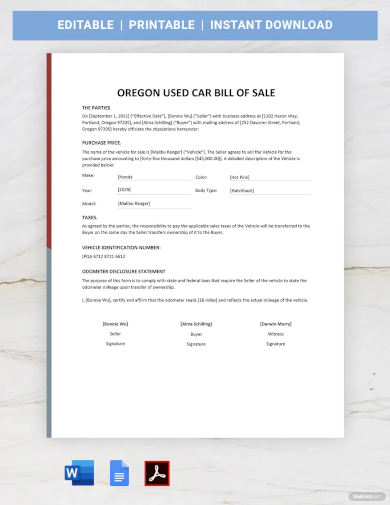 oregon used car bill of sale template