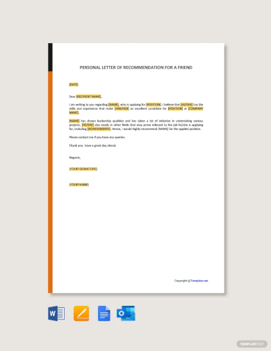 personal letter of recommendation for a friend template