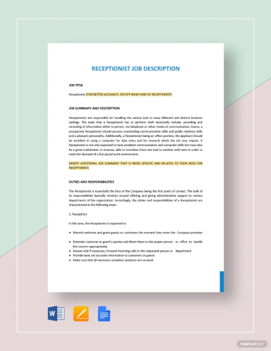 receptionist job description template