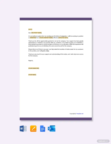 resignation letter template due to study
