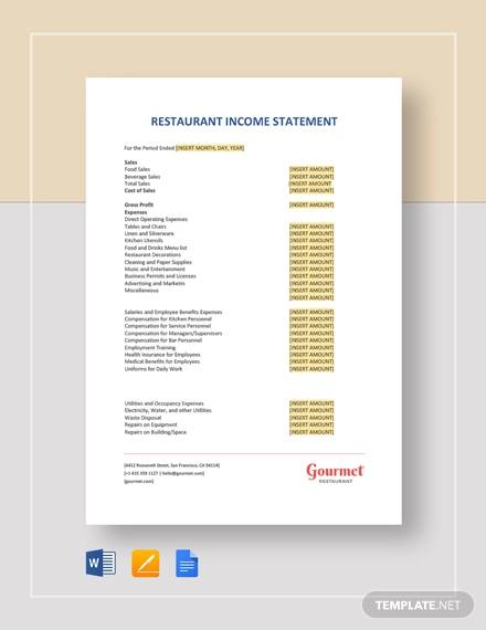 restaurant income statement template