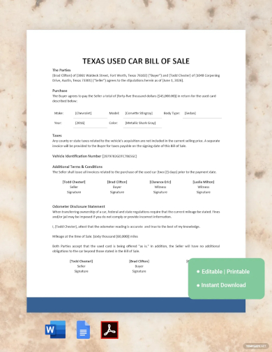 texas used car bill of sale template