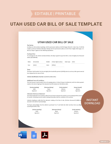 utah used car bill of sale template