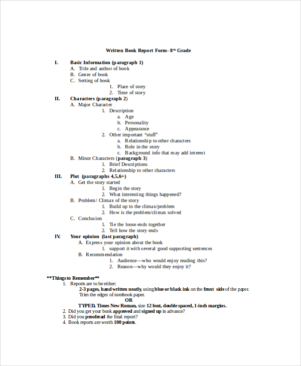 written book report form