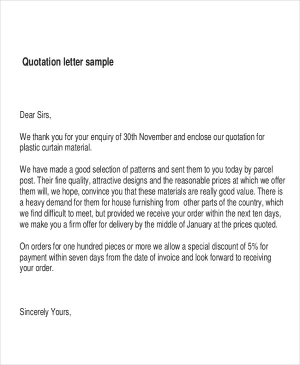 cover letter for quotation sample