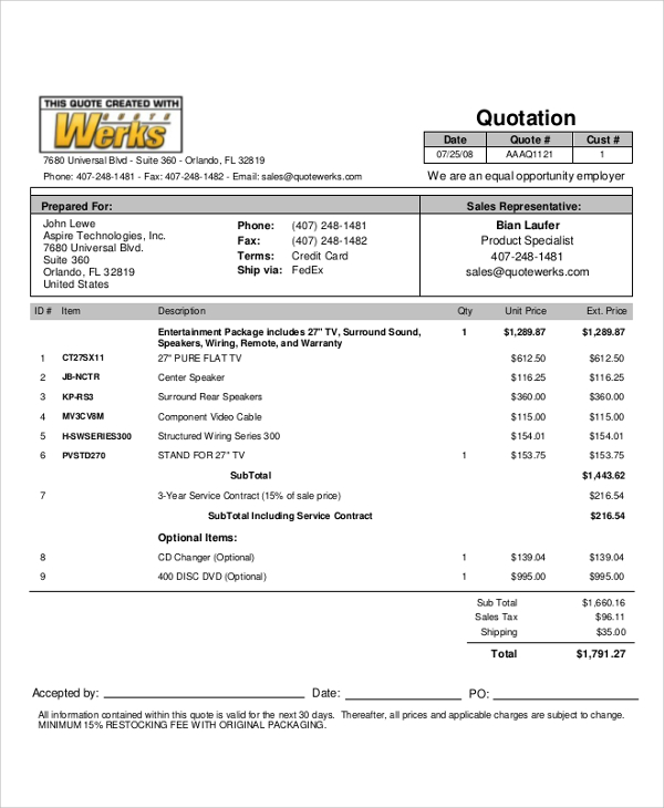price quotation form sample