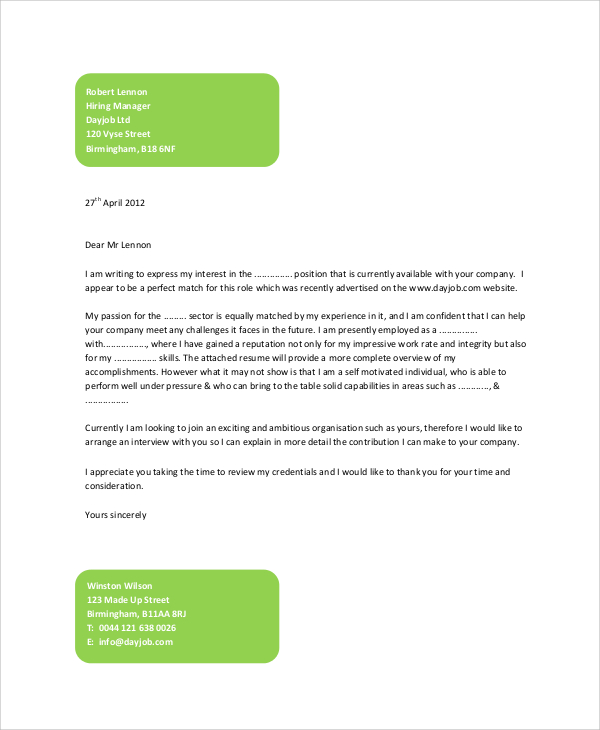 7+ Sample Generic Cover Letter  Sample Templates