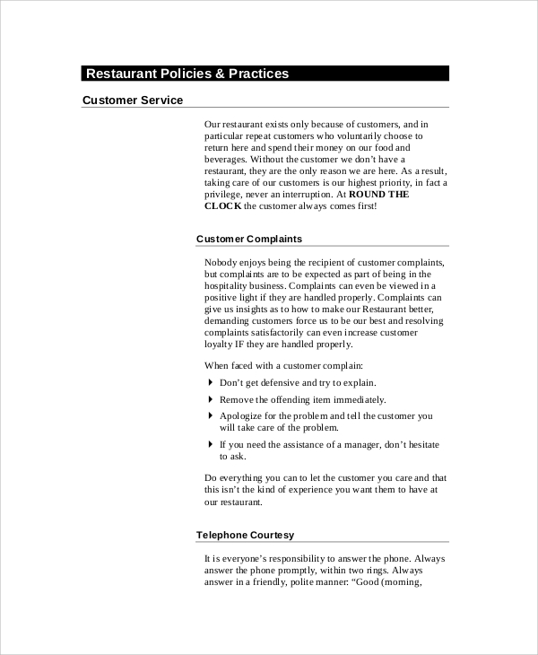 restaurant company policy sample