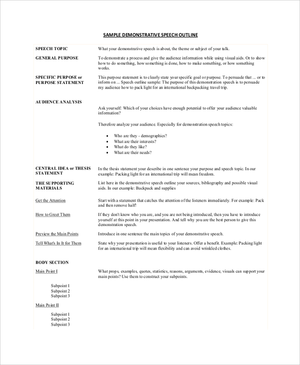 demonstrative speech outline template