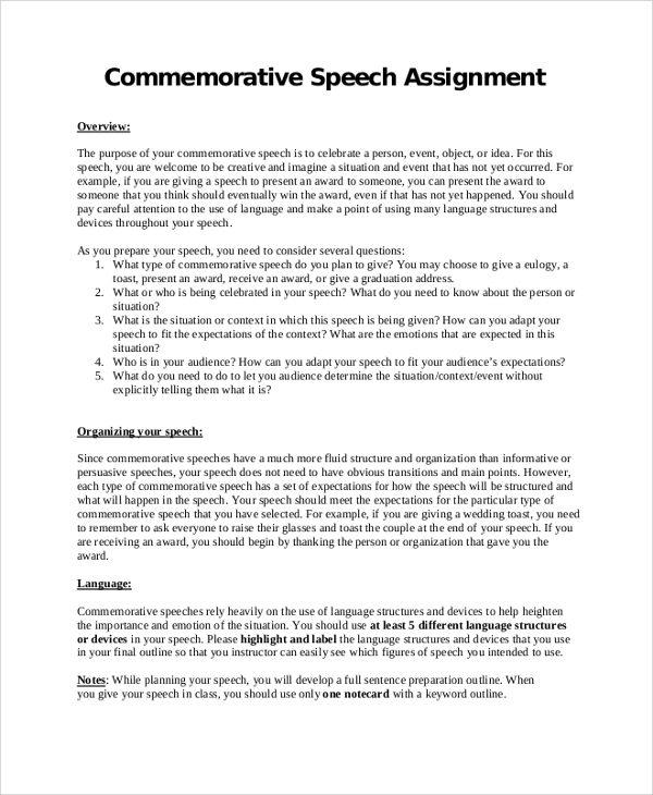 commemorative speech outline assignment