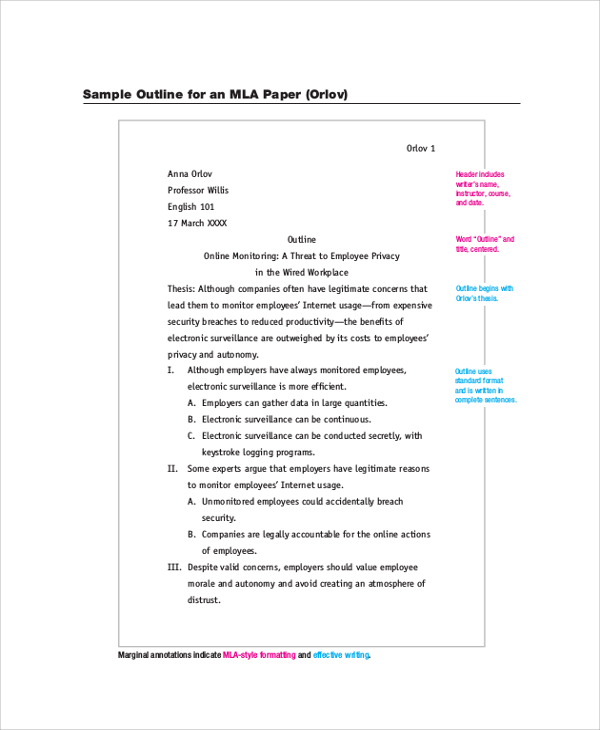 sample mla research paper outline