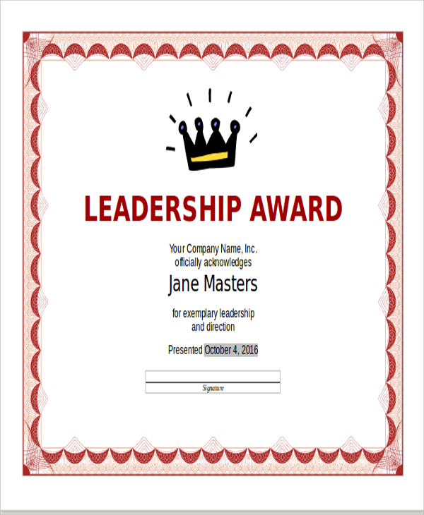 leadership award certificate 