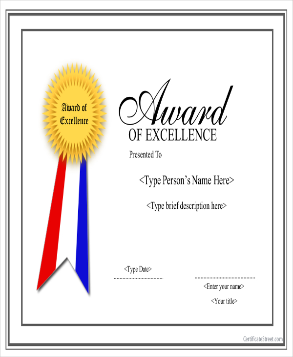 award of excellence certificate template