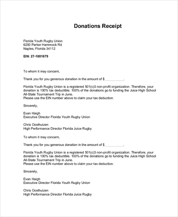 donation tax receipt letter