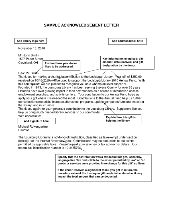 donation receipt acknowledgement letter