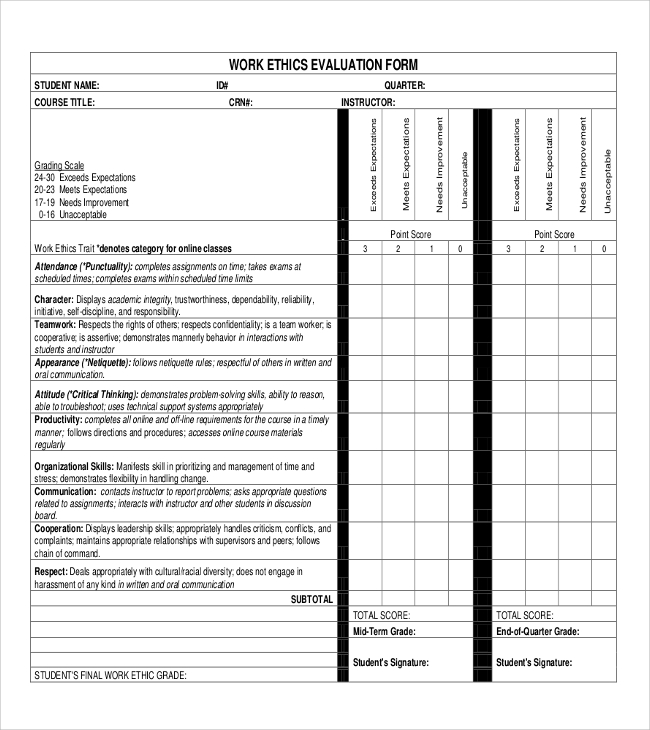 work ethic performance evaluation