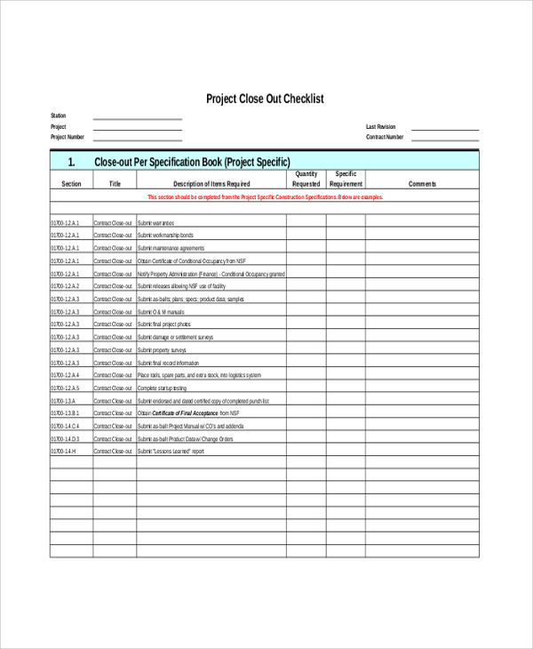 project closeout checklist template
