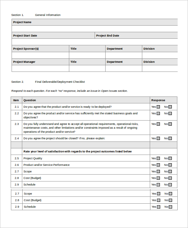 project closeout report template