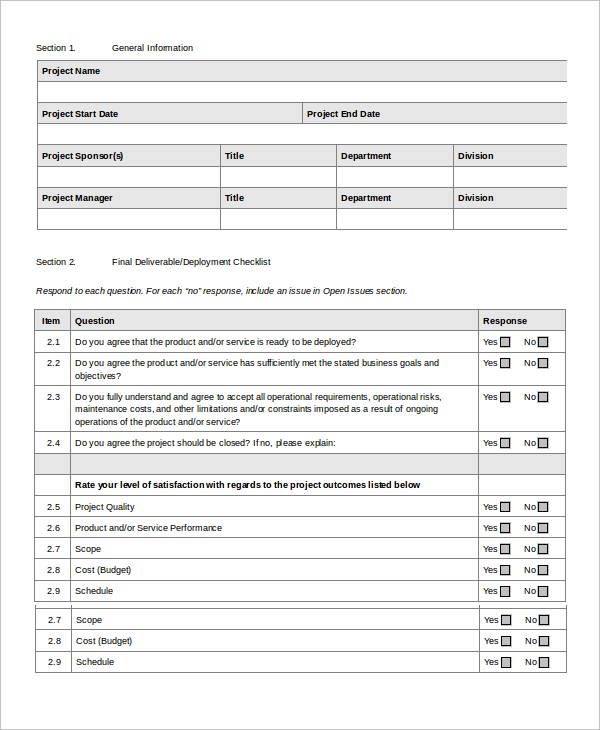 Project Close Out Template