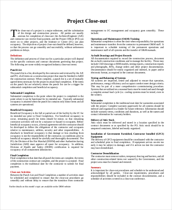 Construction Project Closeout Report Example