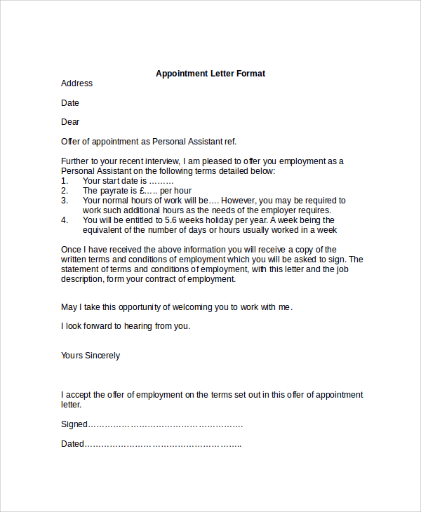 appointment letter format