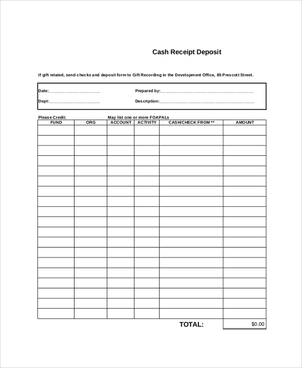 cash receipt deposit sample