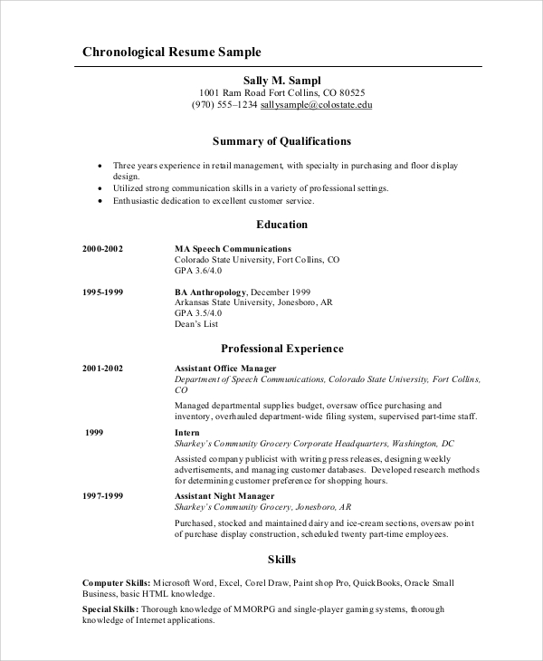 basic chronological resume sample