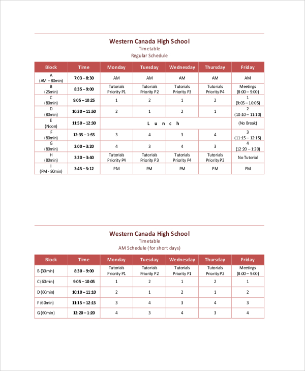 daily school timetable 