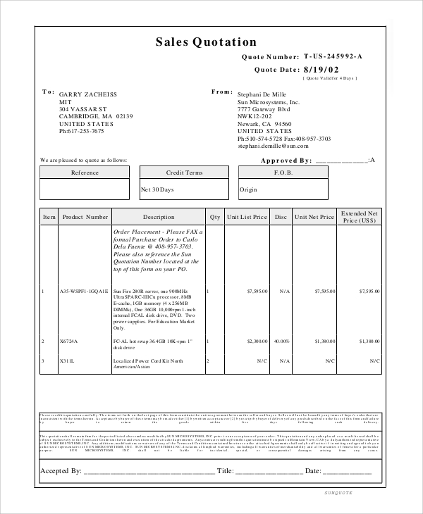 Sales Quotation Sample 10 Documents In PDF Word