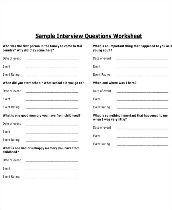 sample interview questions worksheet