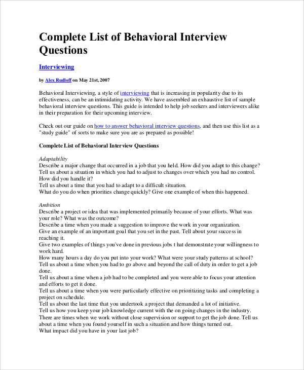 FREE 7+ Sample Interview Question Templates in PDF