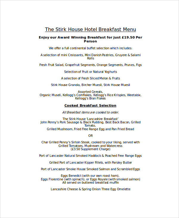 sample hotel menu