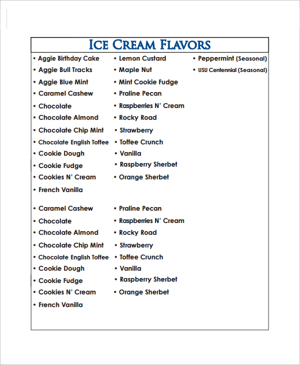 sample ice cream menu