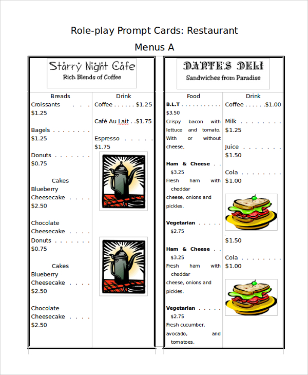 sample restaurant menu