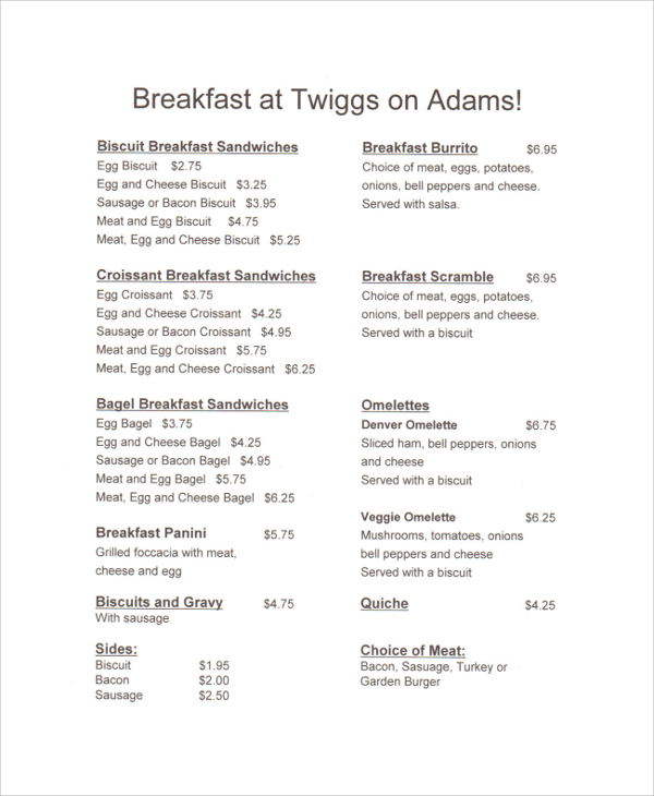 sample breakfast menu