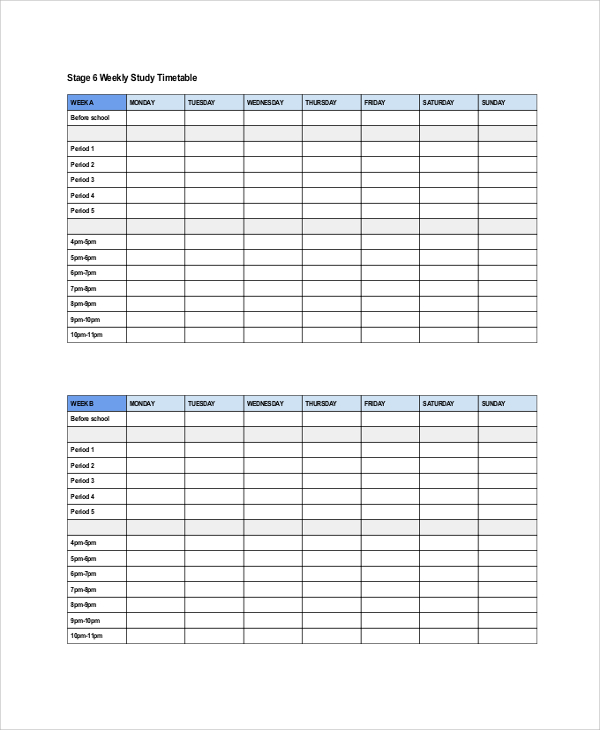 weekly study timetable