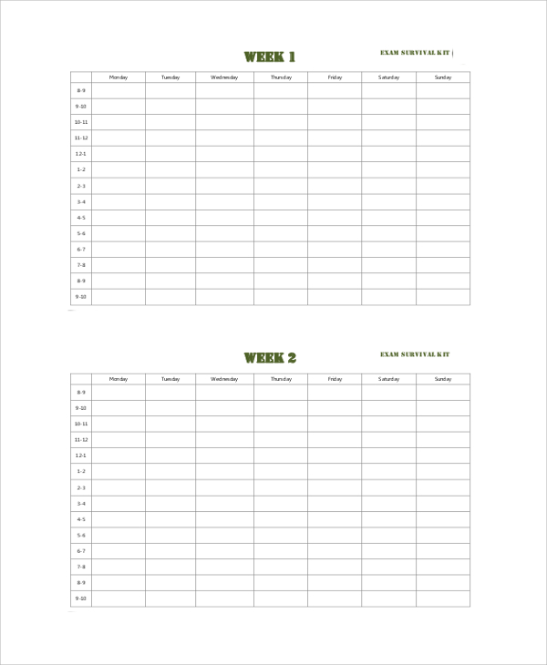 sample exam study timetable