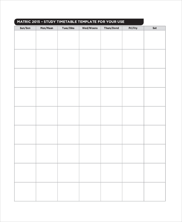 sample blank study timetable
